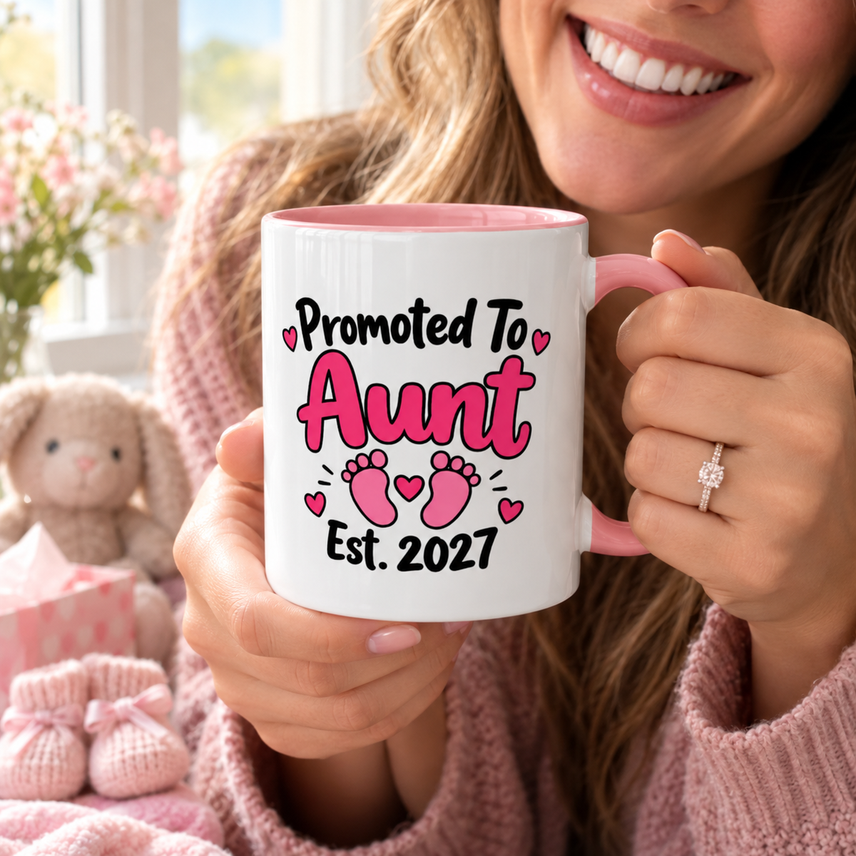 Promoted To Aunt Est. 2027 Mug - New Aunt Pregnancy Announcement Gift - 11oz Pink Accent Coffee Mug
