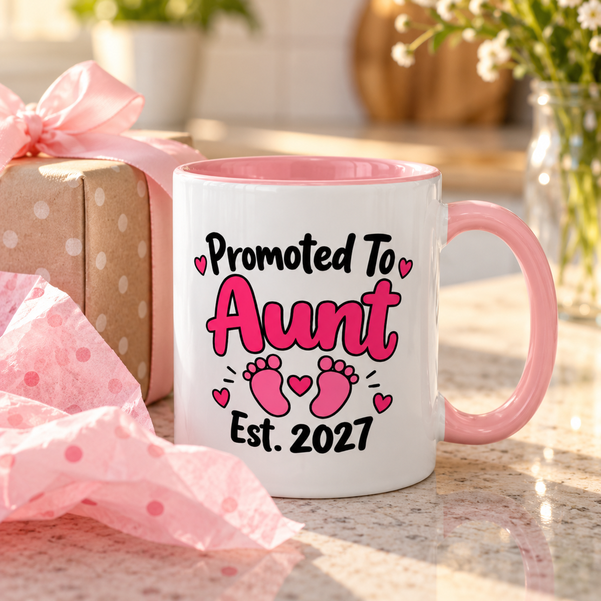 Promoted To Aunt Est. 2027 Mug - New Aunt Pregnancy Announcement Gift - 11oz Pink Accent Coffee Mug