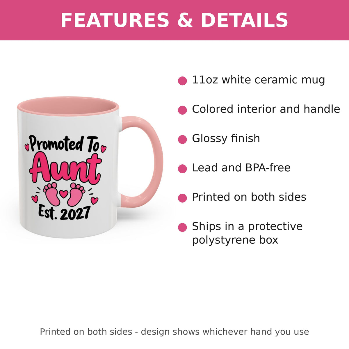 Promoted To Aunt Est. 2027 Mug - New Aunt Pregnancy Announcement Gift - 11oz Pink Accent Coffee Mug