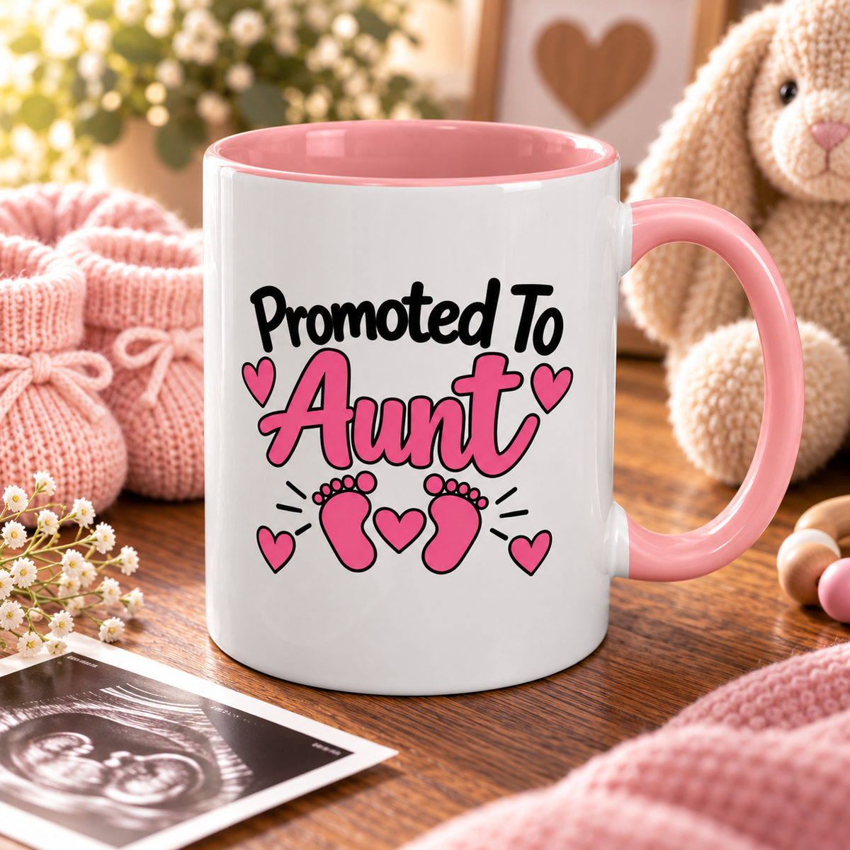 Promoted To Aunt Mug - New Aunt Pregnancy Announcement Gift - 11oz Pink Accent Coffee Mug