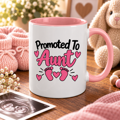 Promoted To Aunt Mug - New Aunt Pregnancy Announcement Gift - 11oz Pink Accent Coffee Mug