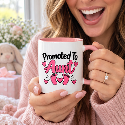 Promoted To Aunt Mug - New Aunt Pregnancy Announcement Gift - 11oz Pink Accent Coffee Mug