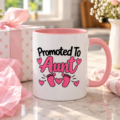 Promoted To Aunt Mug - New Aunt Pregnancy Announcement Gift - 11oz Pink Accent Coffee Mug