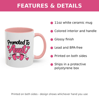 Promoted To Aunt Mug - New Aunt Pregnancy Announcement Gift - 11oz Pink Accent Coffee Mug