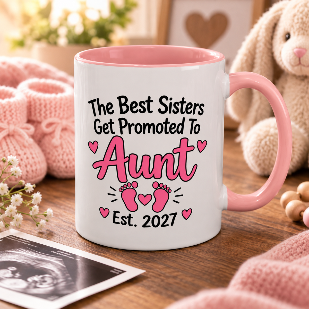 The Best Sisters Get Promoted To Aunt Est. 2027 Mug - New Aunt Pregnancy Announcement Gift - 11oz Pink Accent Coffee Mug
