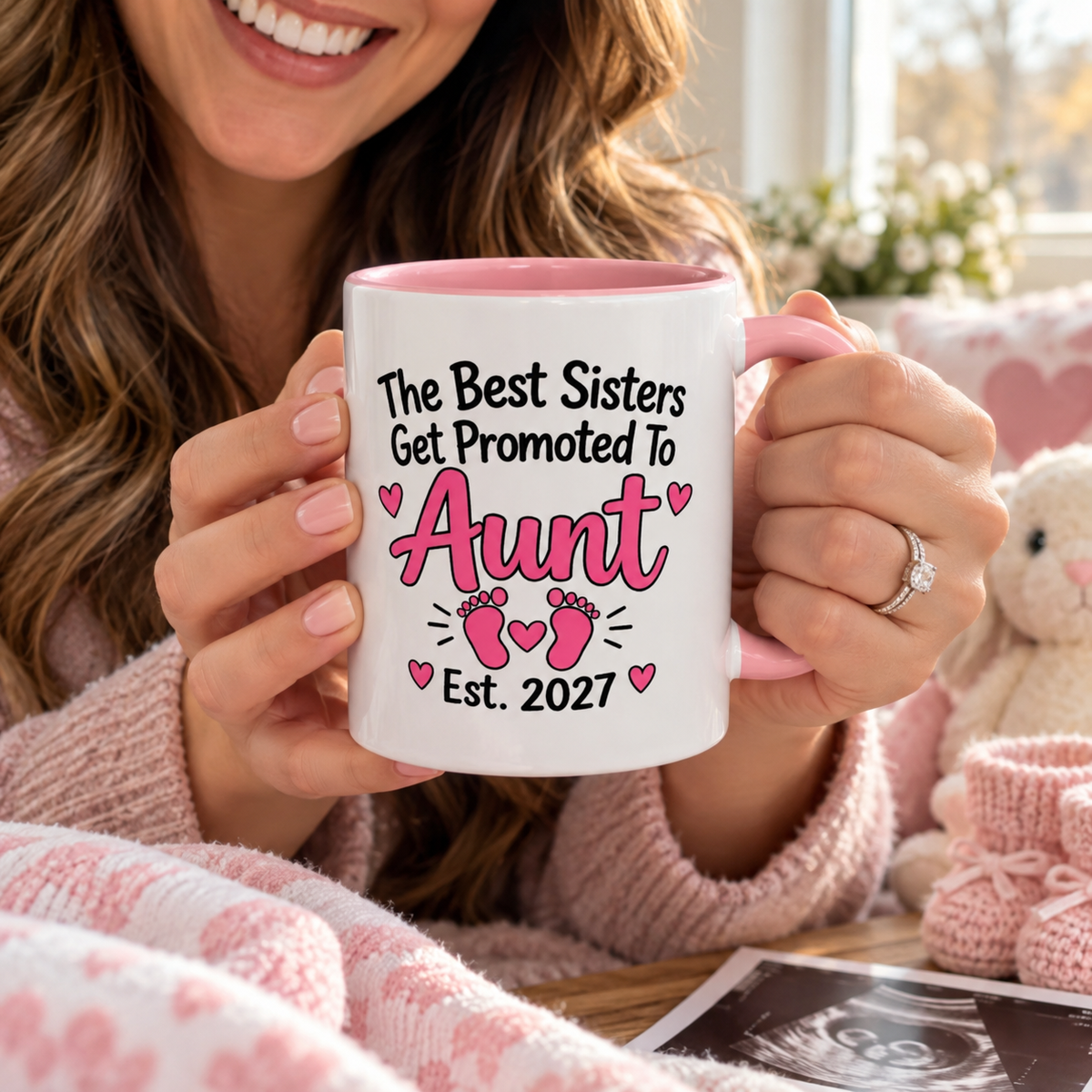 The Best Sisters Get Promoted To Aunt Est. 2027 Mug - New Aunt Pregnancy Announcement Gift - 11oz Pink Accent Coffee Mug