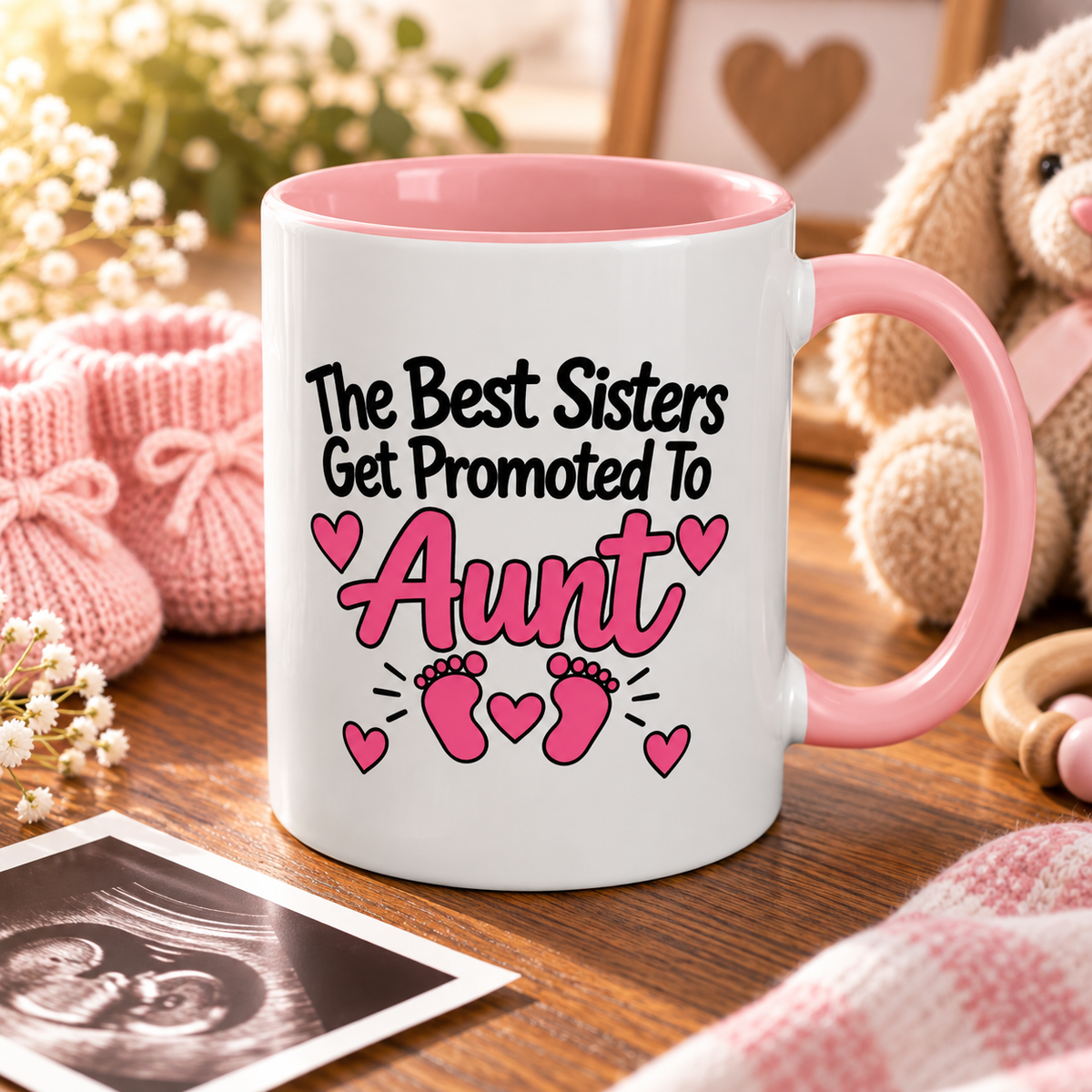 The Best Sisters Get Promoted To Aunt Mug - New Aunt Pregnancy Announcement Gift - 11oz Pink Accent Coffee Mug