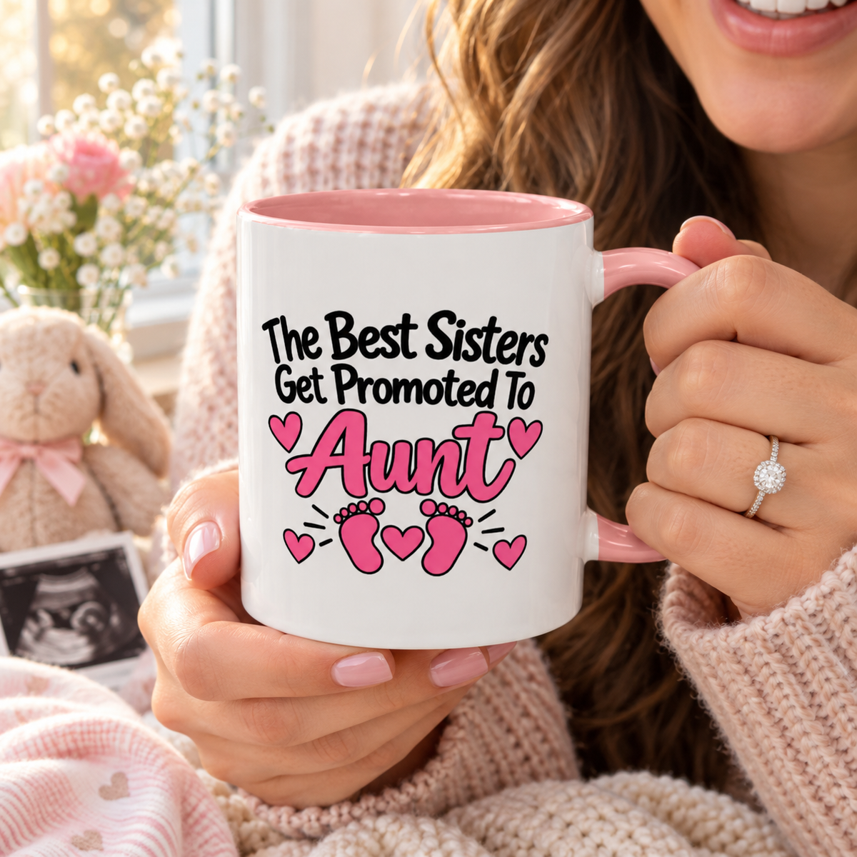 The Best Sisters Get Promoted To Aunt Mug - New Aunt Pregnancy Announcement Gift - 11oz Pink Accent Coffee Mug