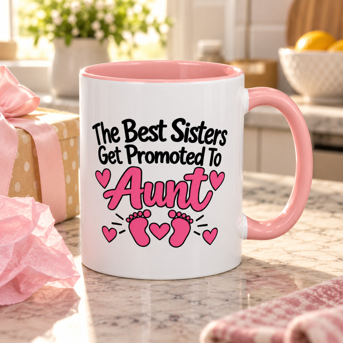 The Best Sisters Get Promoted To Aunt Mug - New Aunt Pregnancy Announcement Gift - 11oz Pink Accent Coffee Mug