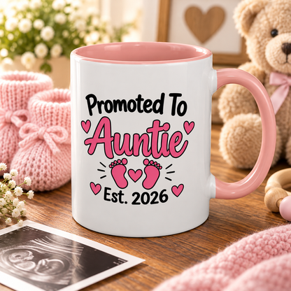 Promoted To Auntie Est. 2026 Mug - New Auntie Pregnancy Announcement Gift - 11oz Pink Accent Coffee Mug