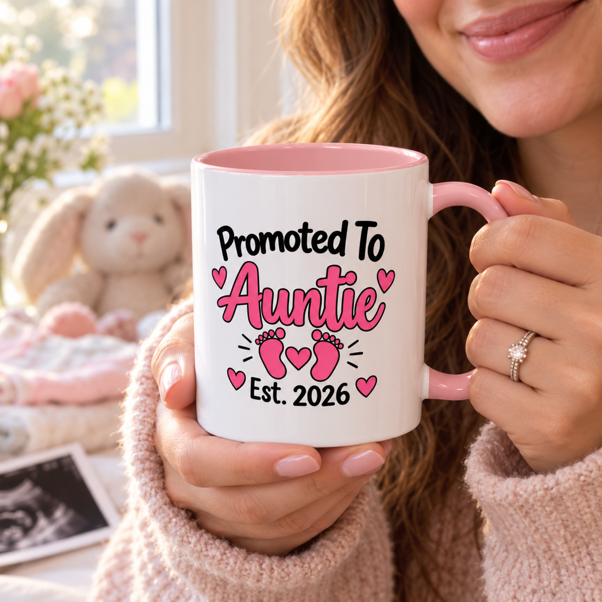 Promoted To Auntie Est. 2026 Mug - New Auntie Pregnancy Announcement Gift - 11oz Pink Accent Coffee Mug