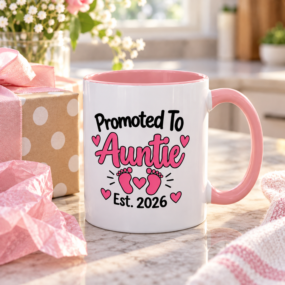 Promoted To Auntie Est. 2026 Mug - New Auntie Pregnancy Announcement Gift - 11oz Pink Accent Coffee Mug