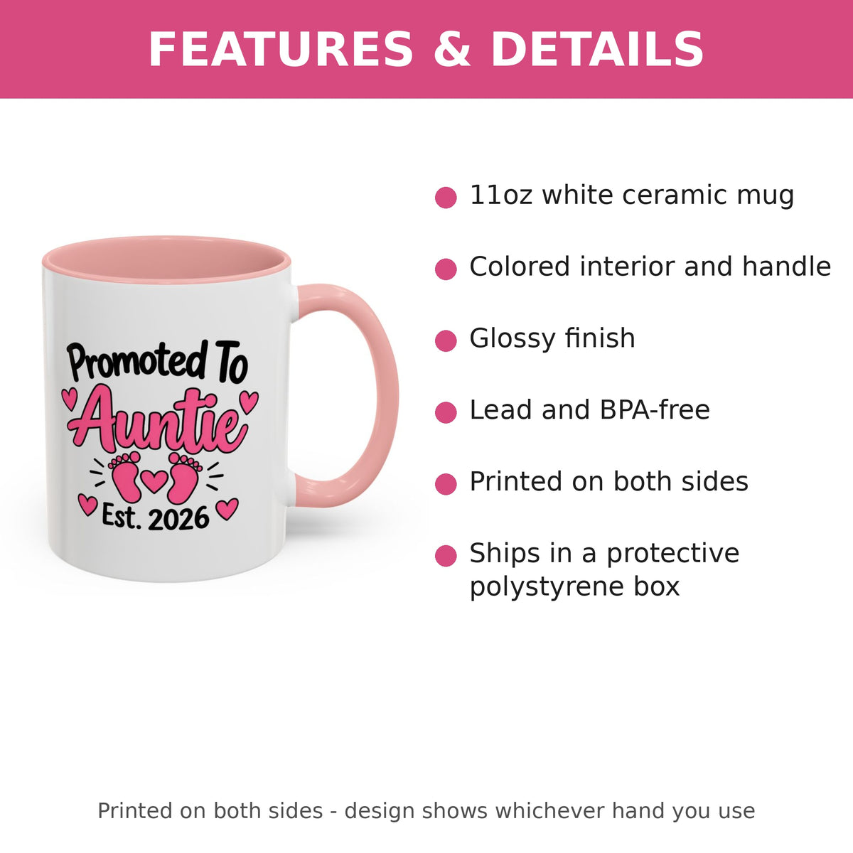 Promoted To Auntie Est. 2026 Mug - New Auntie Pregnancy Announcement Gift - 11oz Pink Accent Coffee Mug