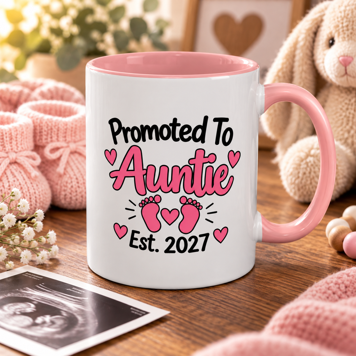 Promoted To Auntie Est. 2027 Mug - New Auntie Pregnancy Announcement Gift - 11oz Pink Accent Coffee Mug
