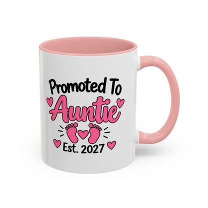 Promoted To Auntie Est. 2027 Mug - New Auntie Pregnancy Announcement Gift - 11oz Pink Accent Coffee Mug