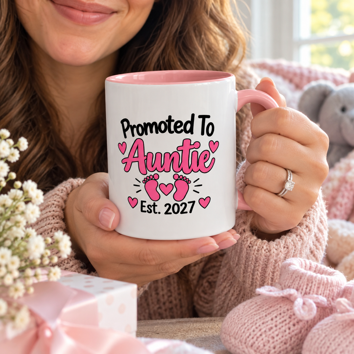 Promoted To Auntie Est. 2027 Mug - New Auntie Pregnancy Announcement Gift - 11oz Pink Accent Coffee Mug