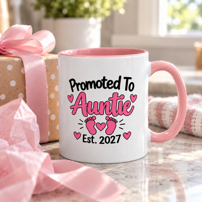Promoted To Auntie Est. 2027 Mug - New Auntie Pregnancy Announcement Gift - 11oz Pink Accent Coffee Mug