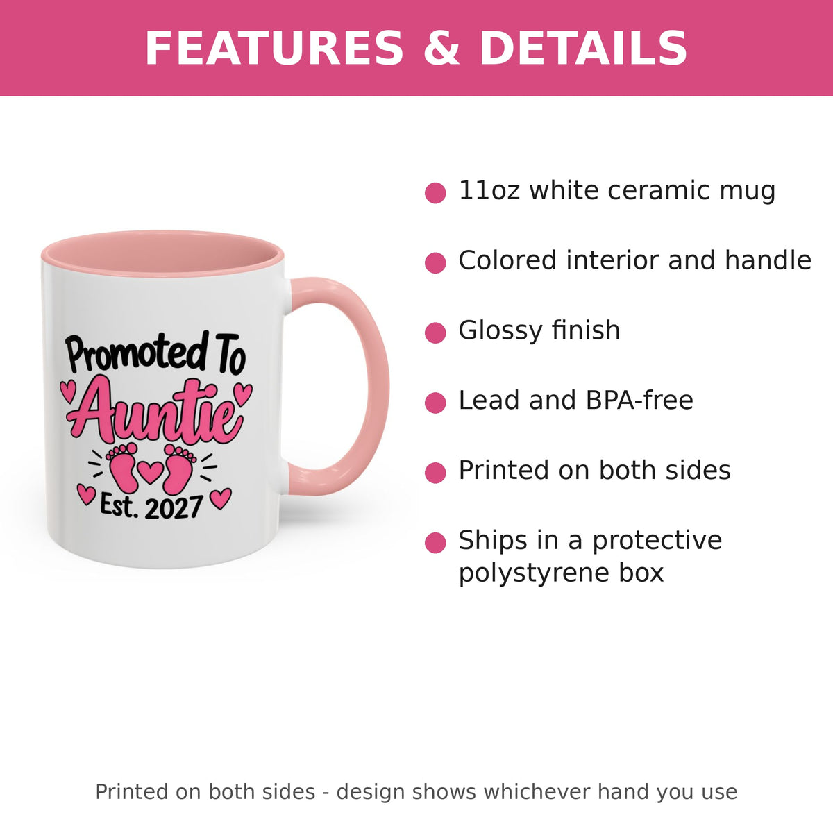 Promoted To Auntie Est. 2027 Mug - New Auntie Pregnancy Announcement Gift - 11oz Pink Accent Coffee Mug