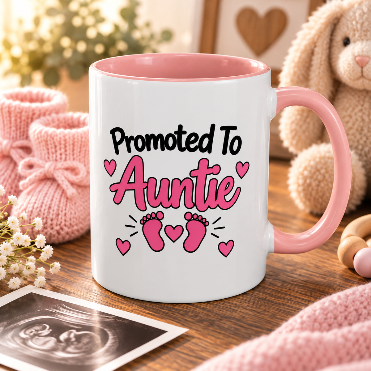Promoted To Auntie Mug - New Auntie Pregnancy Announcement Gift - 11oz Pink Accent Coffee Mug