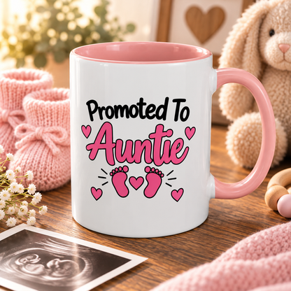 Promoted To Auntie Mug - New Auntie Pregnancy Announcement Gift - 11oz Pink Accent Coffee Mug