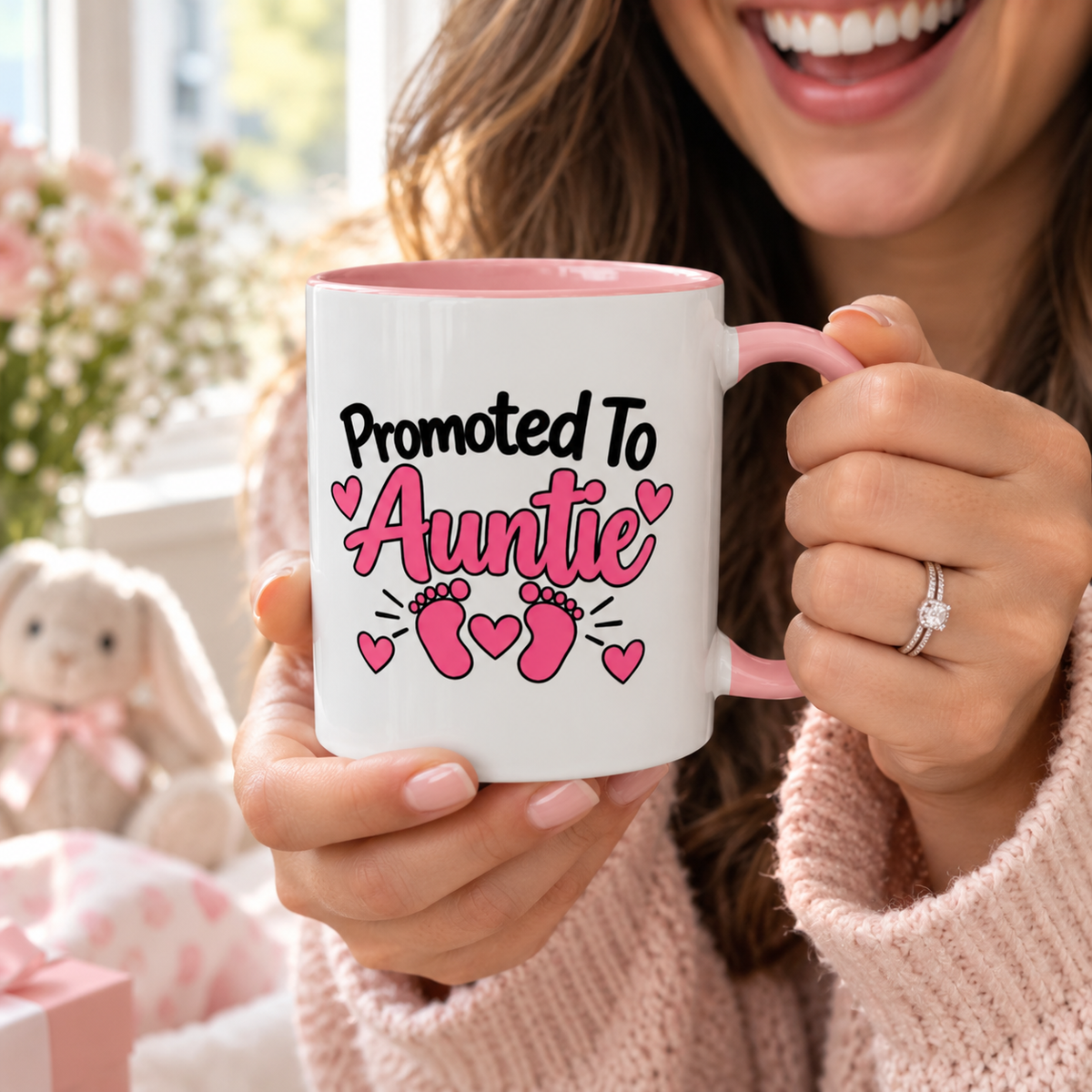 Promoted To Auntie Mug - New Auntie Pregnancy Announcement Gift - 11oz Pink Accent Coffee Mug