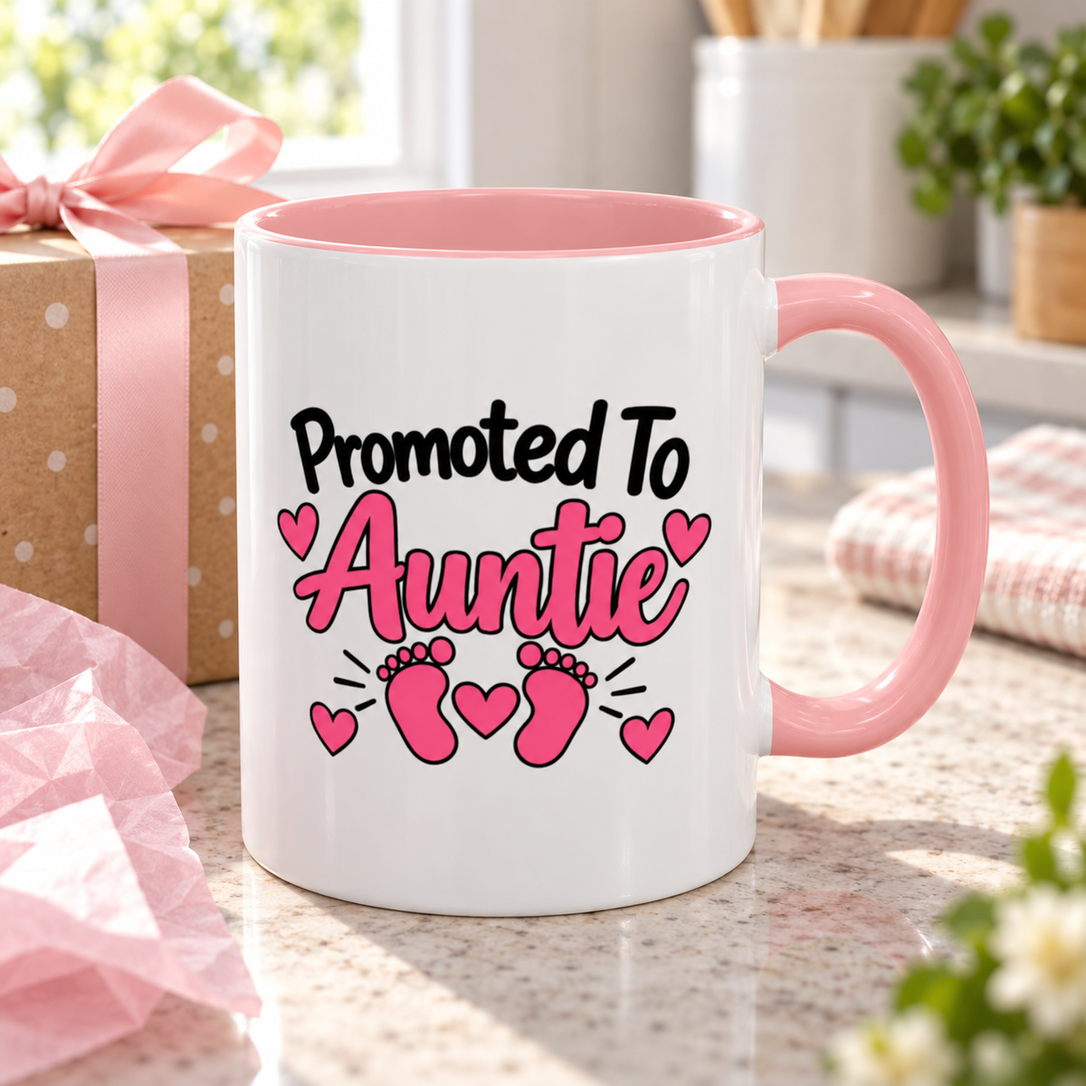 Promoted To Auntie Mug - New Auntie Pregnancy Announcement Gift - 11oz Pink Accent Coffee Mug