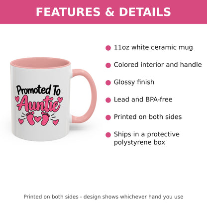Promoted To Auntie Mug - New Auntie Pregnancy Announcement Gift - 11oz Pink Accent Coffee Mug