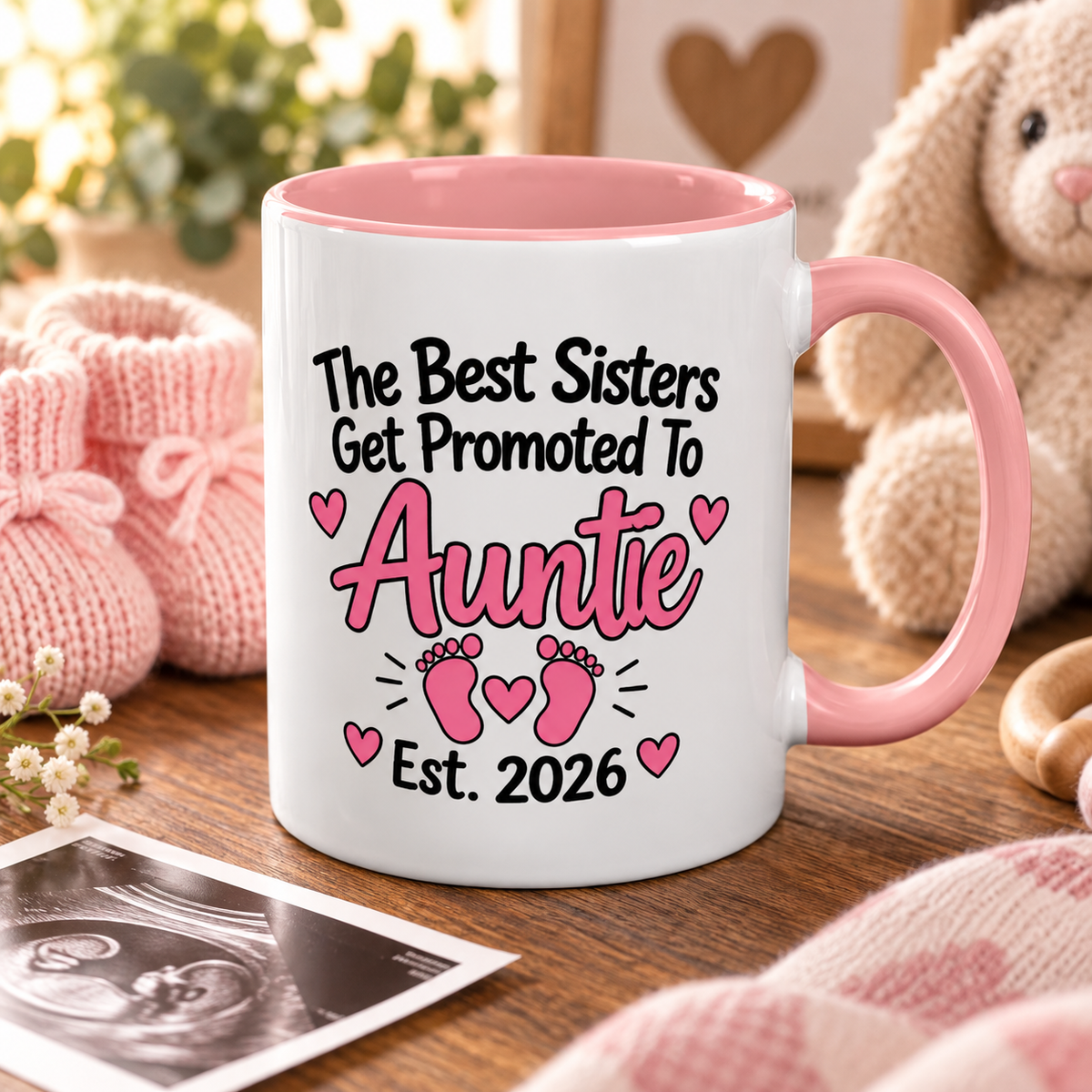 The Best Sisters Get Promoted To Auntie Est. 2026 Mug - New Auntie Pregnancy Announcement Gift - 11oz Pink Accent Coffee Mug