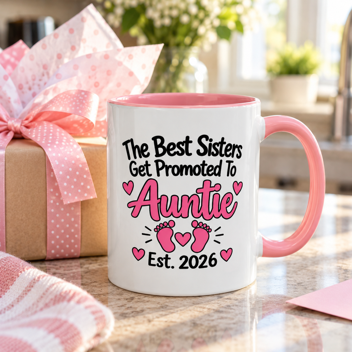 The Best Sisters Get Promoted To Auntie Est. 2026 Mug - New Auntie Pregnancy Announcement Gift - 11oz Pink Accent Coffee Mug