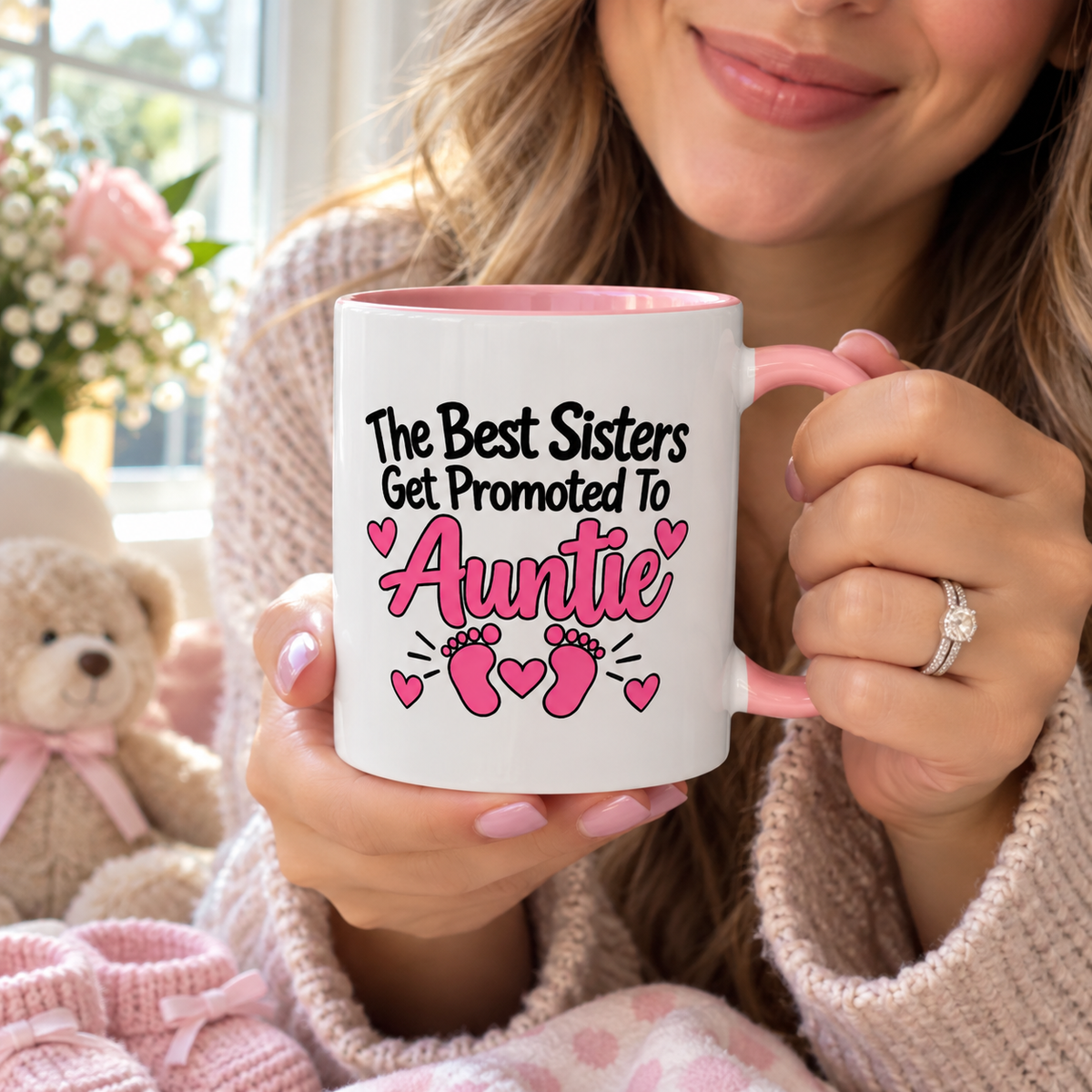 The Best Sisters Get Promoted To Auntie Mug - New Auntie Pregnancy Announcement Gift - 11oz Pink Accent Coffee Mug