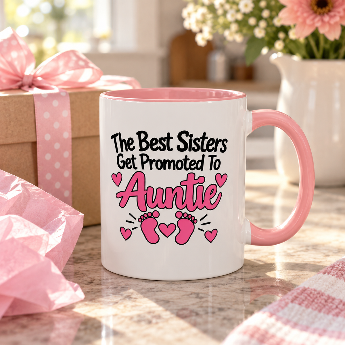 The Best Sisters Get Promoted To Auntie Mug - New Auntie Pregnancy Announcement Gift - 11oz Pink Accent Coffee Mug