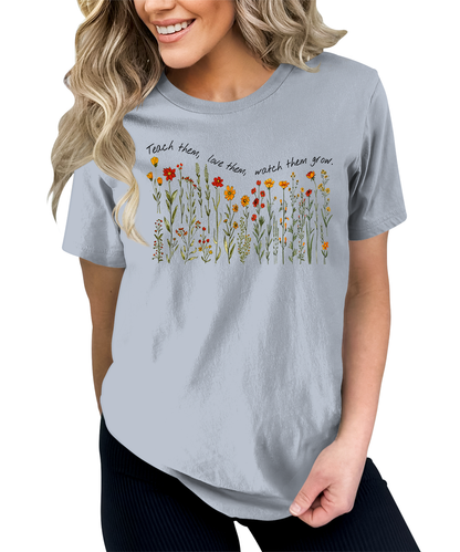 Women's Teacher Shirt Floral Teach Love Watch Them Grow Teaching Graphic Tees for Women