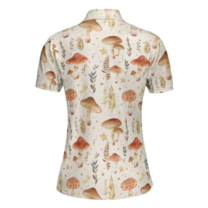 Cottagecore Polo Golf Shirt for Women Mushroom Forest Aesthetic Boho Nature Lover Outfit Moisture Wicking Short Sleeve Top