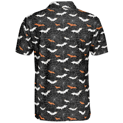 Halloween Bat Spiderweb Polo Shirt for Men Spooky Costume Moisture Wicking Short Sleeve Golf Top