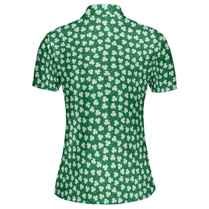 St Patricks Day Polo Golf Shirt for Women Shamrock Clover Print Moisture Wicking Short Sleeve Top