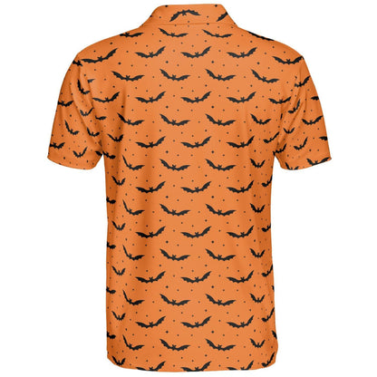 Halloween Bat Polo Shirt for Men Orange Black Spooky Print Moisture Wicking Short Sleeve Golf Top