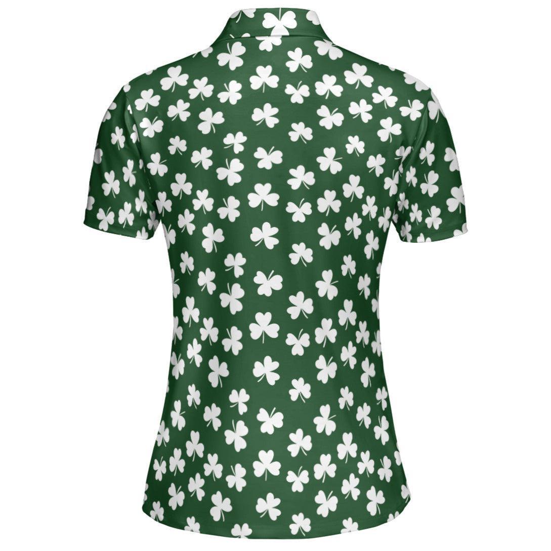 St Patricks Day Polo Golf Shirt for Women White Shamrock Clover Pattern Moisture Wicking Short Sleeve Top