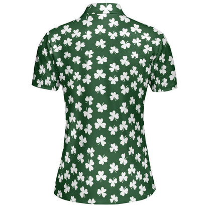 St Patricks Day Polo Golf Shirt for Women White Shamrock Clover Pattern Moisture Wicking Short Sleeve Top