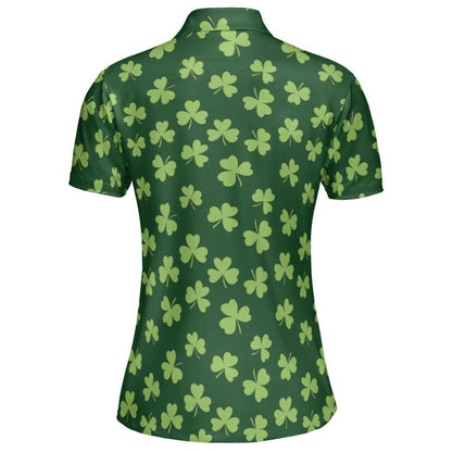 St Patricks Day Polo Golf Shirt for Women Dark Green Shamrock Clover Print Moisture Wicking Short Sleeve Top