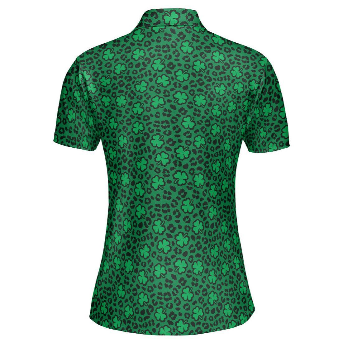 St Patrick's Day Polo Shirts for Women Leopard Print Shamrock Green Shirt Moisture Wicking Short Sleeve Golf Shirt