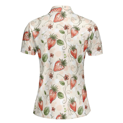 Cottagecore Polo Golf Shirt for Women Strawberry Floral Vintage Aesthetic Summer Outfit Moisture Wicking Short Sleeve Top