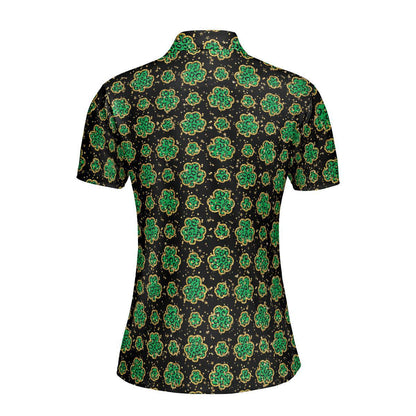 St Patricks Day Polo Golf Shirt for Women Lucky Four Leaf Clover Gold Accents Moisture Wicking Short Sleeve Top