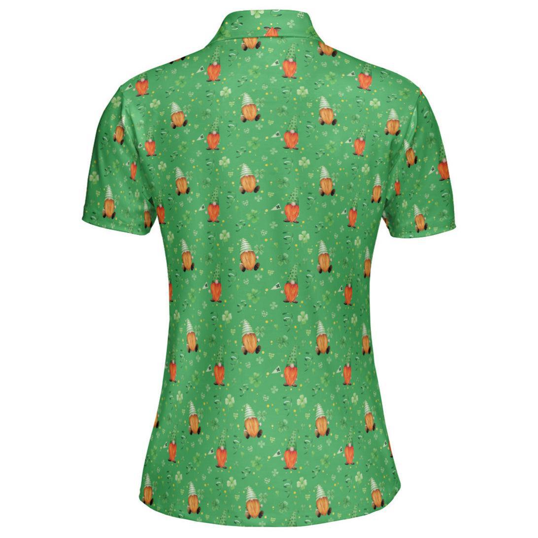 St Patricks Day Polo Golf Shirt for Women Irish Gnome Clover Pattern Moisture Wicking Short Sleeve Top