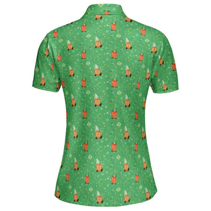 St Patricks Day Polo Golf Shirt for Women Irish Gnome Clover Pattern Moisture Wicking Short Sleeve Top