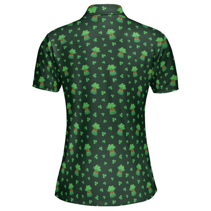 St Patricks Day Polo Golf Shirt for Women Lucky Clover Shamrock Hat Moisture Wicking Short Sleeve Top