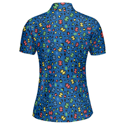Autism Awareness Shirt for Women Blue Polo Golf Puzzle Print Teacher Outfit Moisture Wicking Short Sleeve Top
