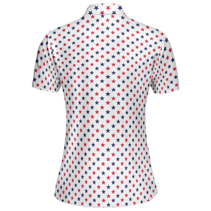 4th of July White Polo Patriotic Golf Shirt for Women Red and Blue Stars Moisture Wicking Summer Top
