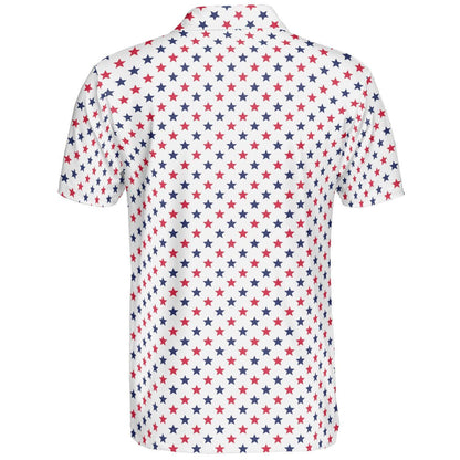4th of July White Polo Patriotic Golf Shirt for Men Red and Blue Stars Moisture Wicking Summer Top