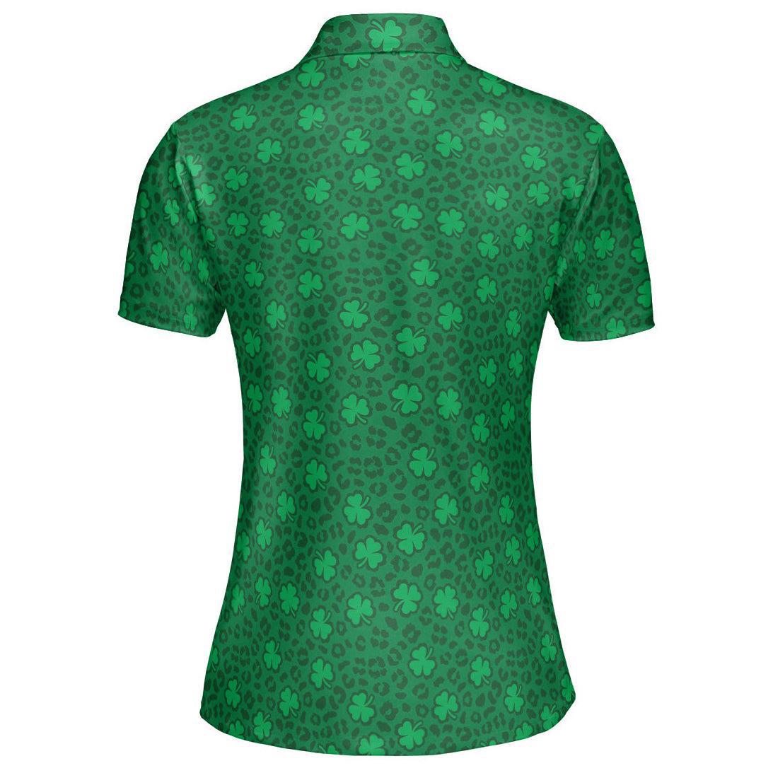 St Patrick's Day Polo Shirts for Women Leopard Print Clover Green Shirt Moisture Wicking Short Sleeve Golf Shirt
