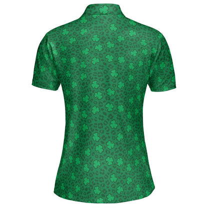 St Patrick's Day Polo Shirts for Women Leopard Print Clover Green Shirt Moisture Wicking Short Sleeve Golf Shirt